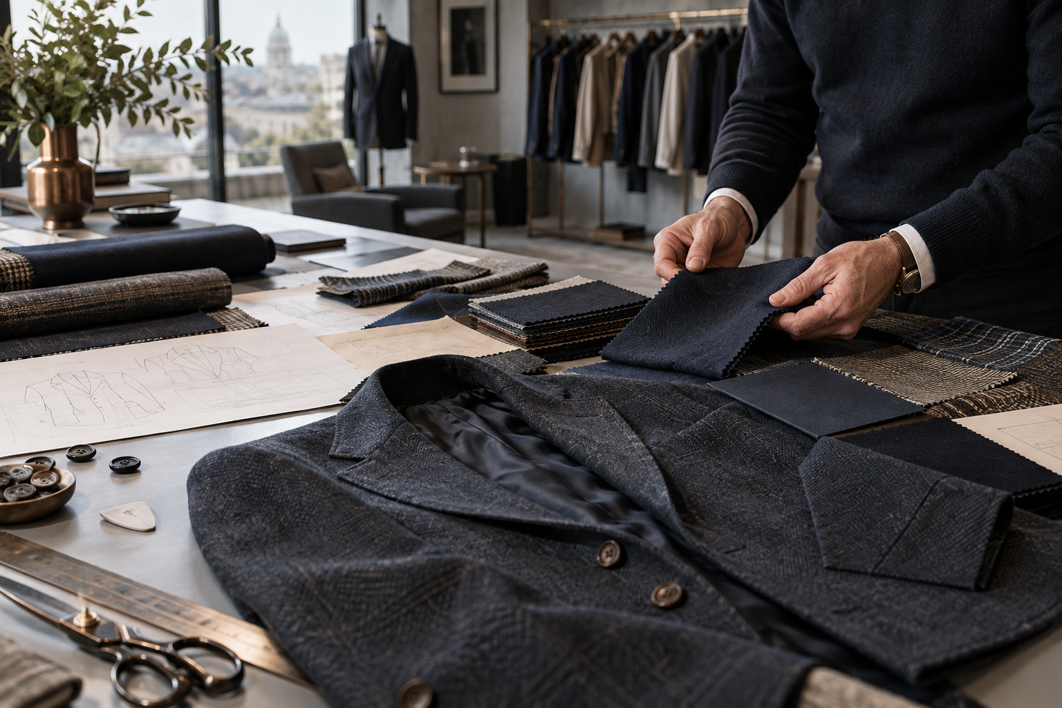 Tailoring fabrics and a jacket being reviewed in a fashion showroom